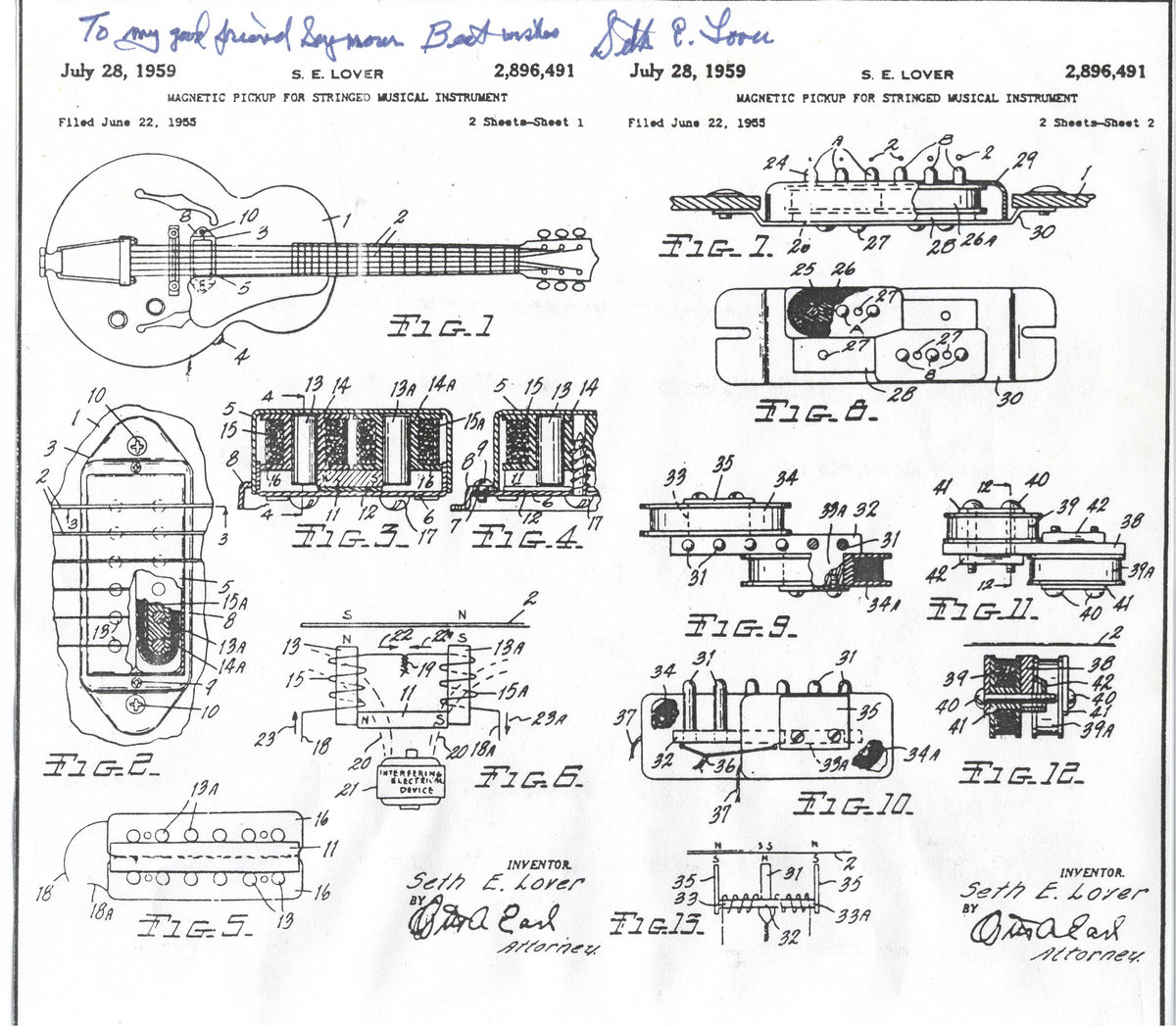 Two sheets from Seth E. Lover’s U.S. Patent 2,896,491, filed June 22, 1955 and issued July 28, 1959, diagramming a dual-coil guitar pickup.