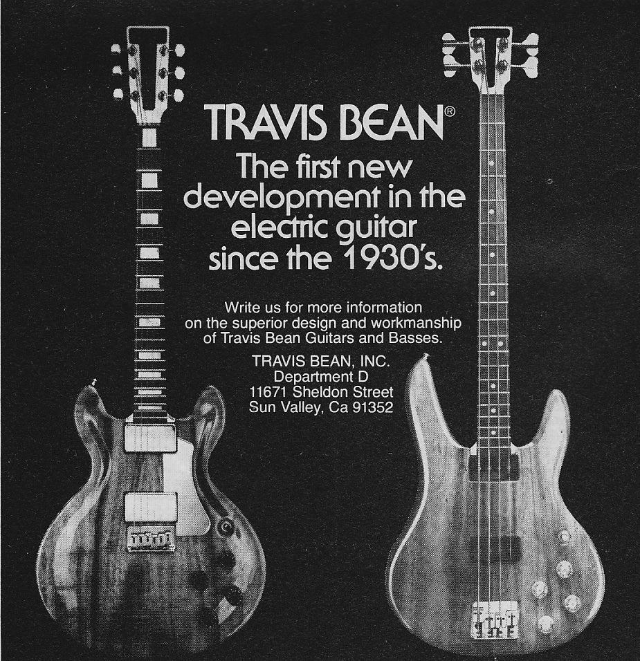 Black-and-white Travis Bean advertisement promoting a new electric-guitar design and displaying a guitar and bass.
