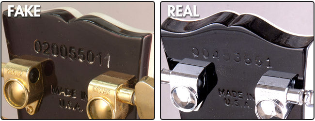 Side-by-side backs of guitar headstocks, labeled Fake on the left and Real on the right; the left has gold tuners and the right has chrome tuners.