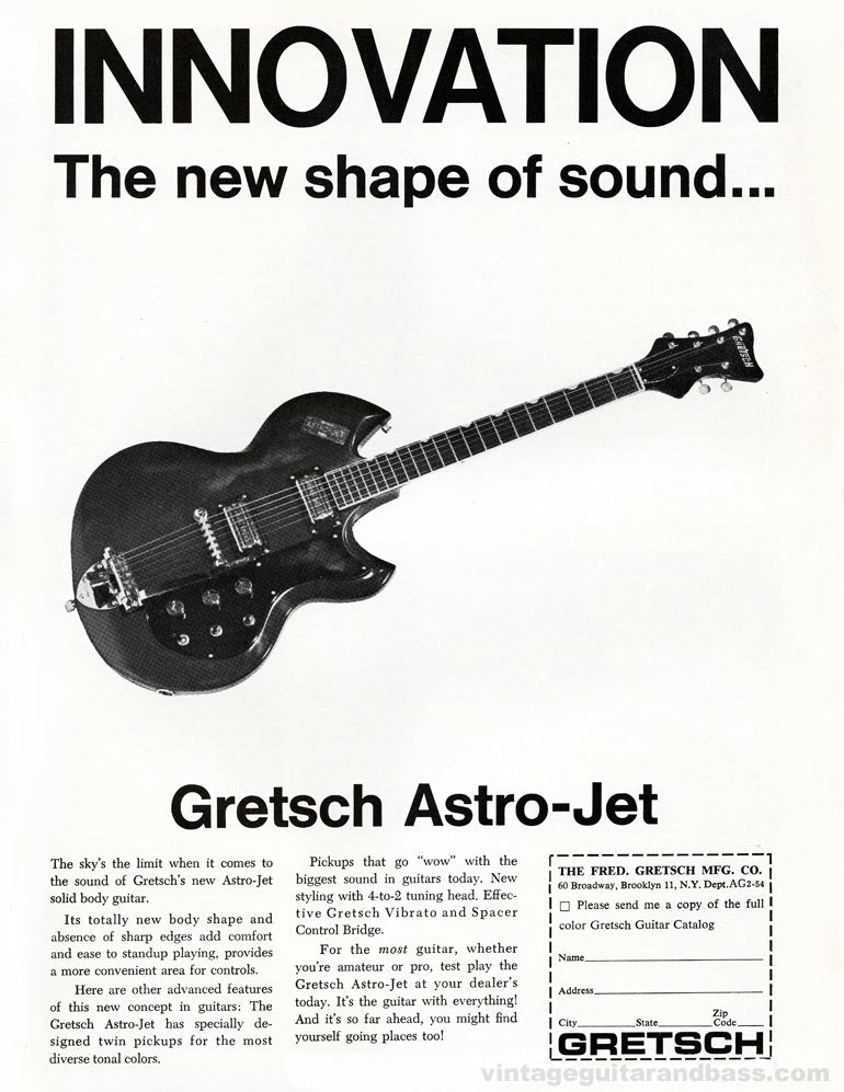Vintage Gretsch Astro-Jet advertisement headed “Innovation: The new shape of sound,” showing the black solidbody guitar and a mail-order catalog coupon.