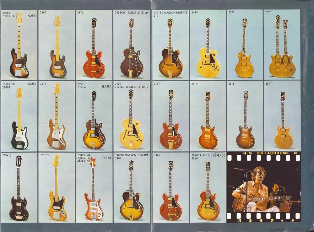 1977 French Ibanez/Tama catalog spread showing a grid of electric guitars and basses—solidbody, hollowbody and double-neck models—with model numbers and a concert photograph.