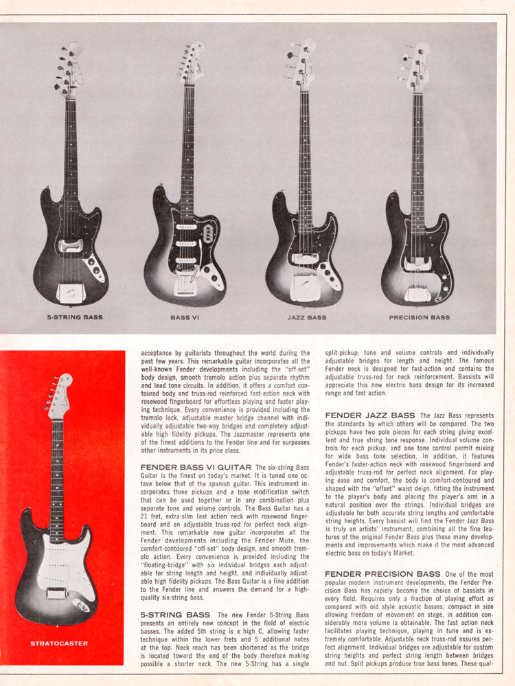 Vintage Fender brochure comparing the 5-String Bass, Bass VI, Jazz Bass and Precision Bass, with a red-panel Stratocaster inset.