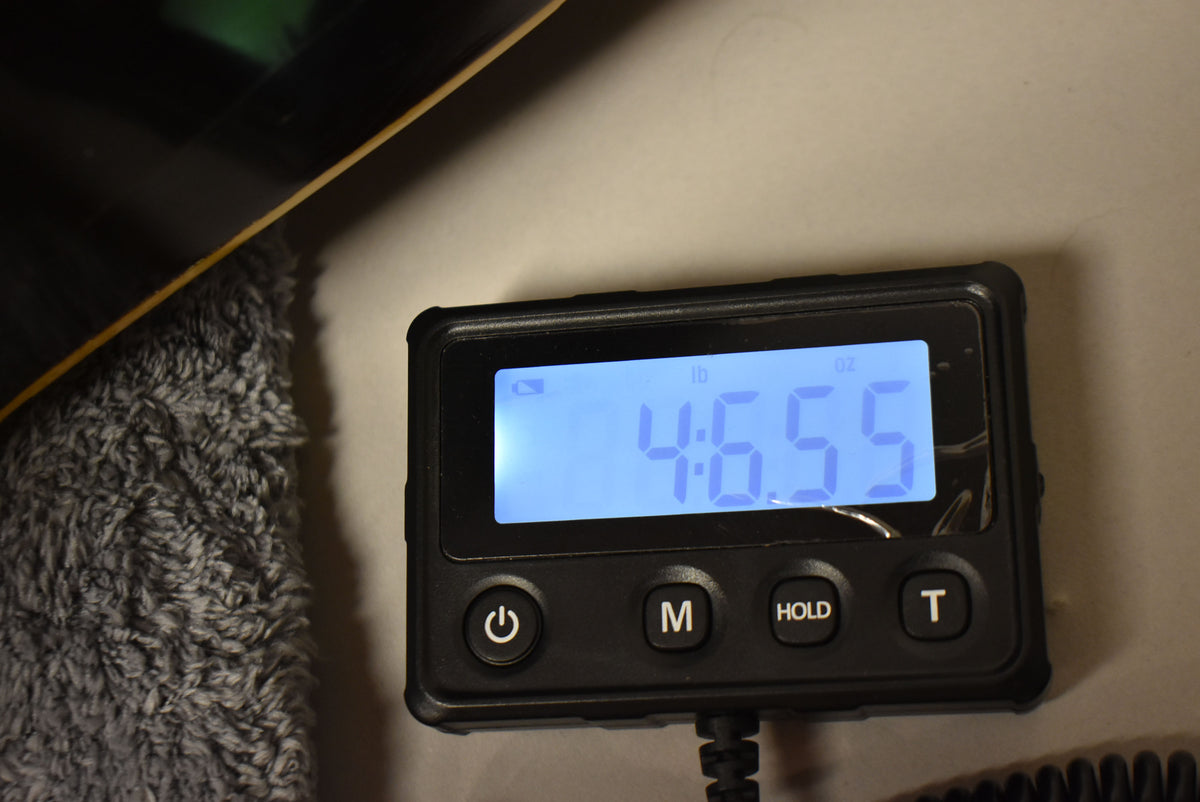 A digital scale displays "4:6.5" in pounds and ounces, with a dark sunburst guitar body resting on a grey cloth to the left.