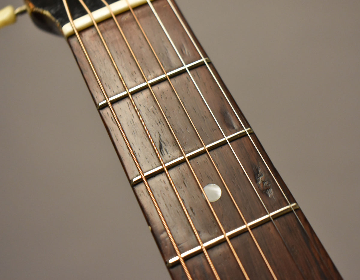 Close-up of the dark brown fretboard with light wear, showing a mother-of-pearl dot inlay and brass frets with six bronze strings.