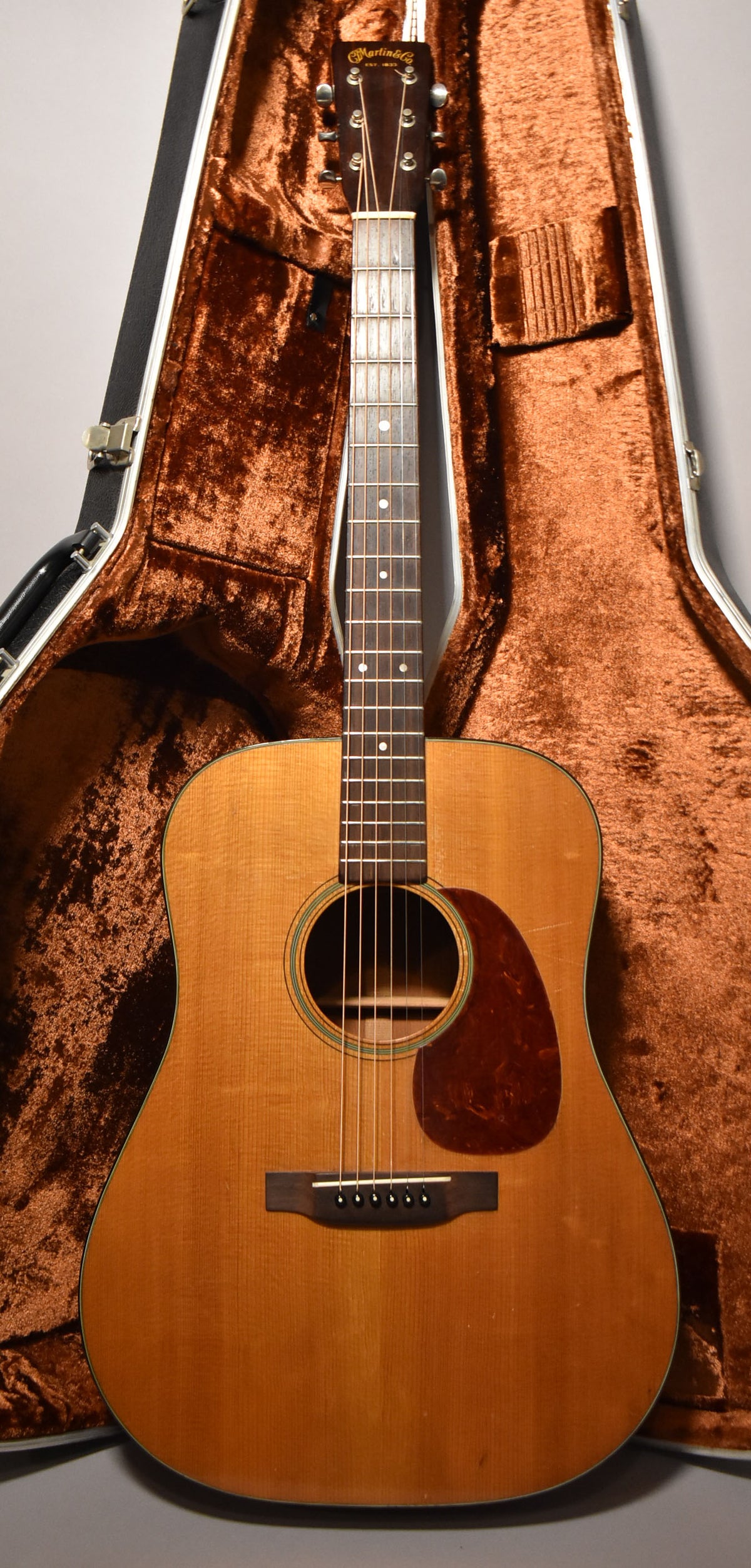 Full-length view of a natural finish acoustic guitar with a dark pickguard, showing light wear and a brown velvet-lined hard case.