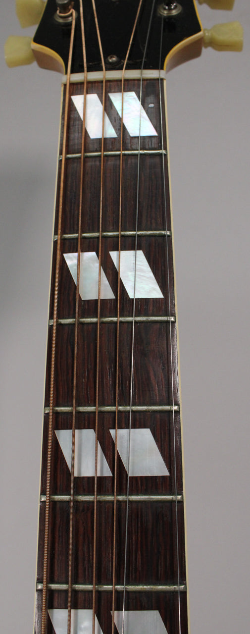 Close-up of the dark brown fretboard with trapezoid mother-of-pearl inlays, showing light wear and a few small marks.