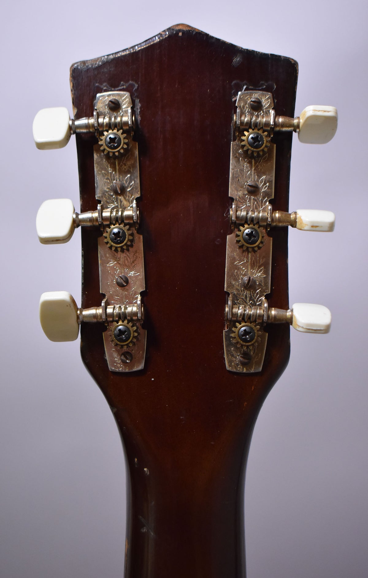 The back of the dark brown headstock and neck, showing six cream tuning pegs on two engraved metal strips, with visible wear.