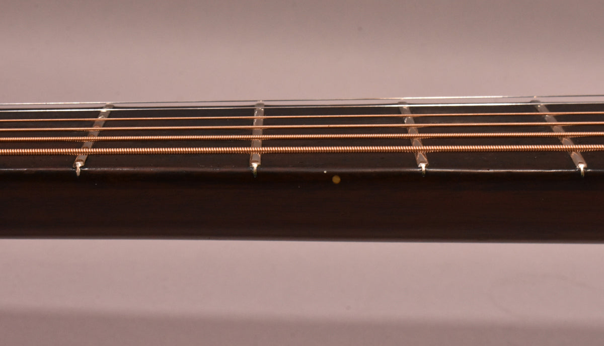 Close-up of the dark fretboard with copper strings, showing a small yellow dot inlay and some wear around the frets.