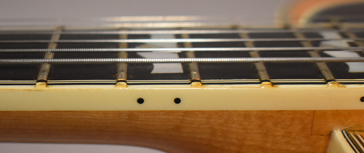 Close-up of the guitar's fretboard, showing dark wood with rectangular pearloid inlays and two black side dots on the cream binding.