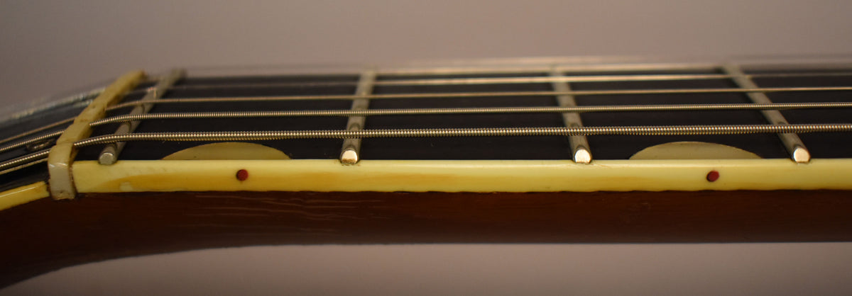 Close-up of the guitar's dark fretboard and light binding, showing five frets, dot inlays, and the nut with visible wear.