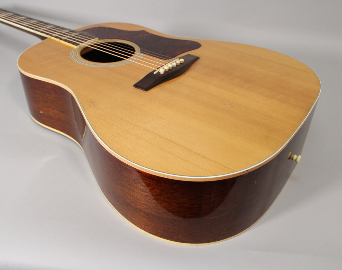 Acoustic guitar body, angled from above, showing the light natural top, dark sides, pickguard, bridge, and light wear.