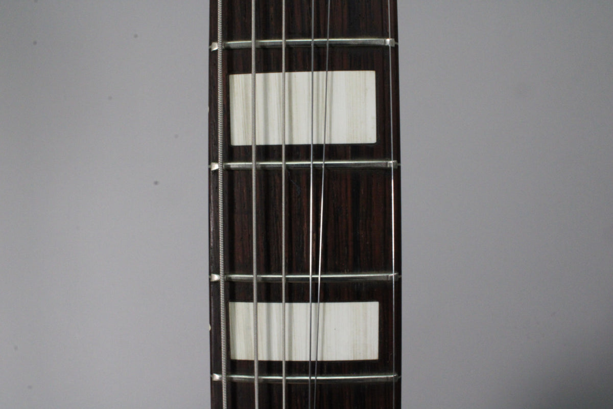 Close-up of the dark rosewood fretboard with two rectangular white block inlays and six strings.