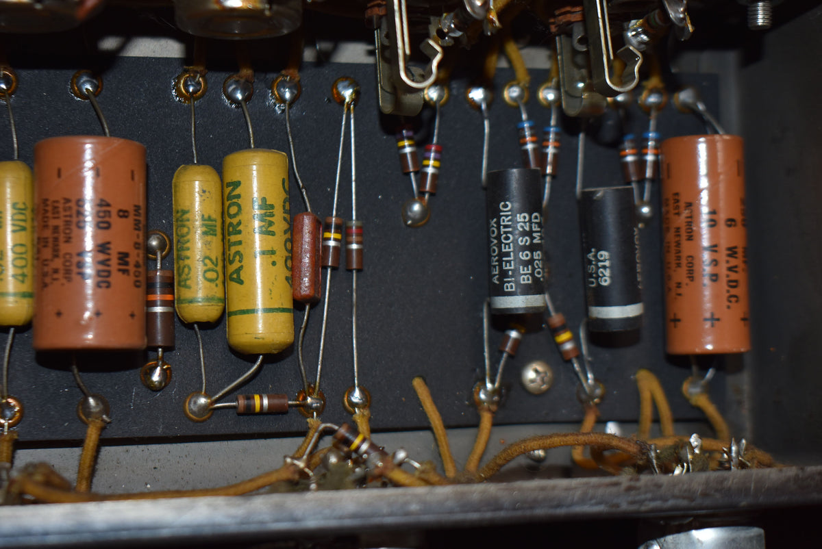 Close-up of the amp's internal circuitry, showing various brown, yellow, and black capacitors and resistors on a dark board.