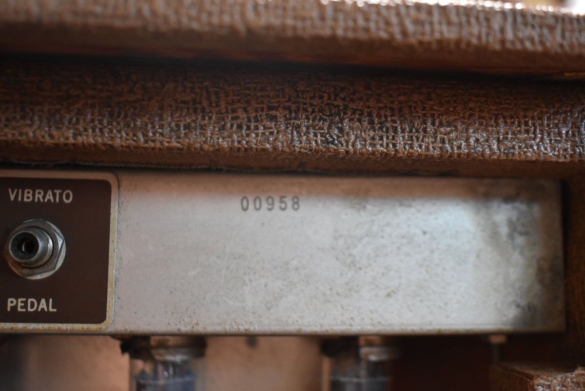 Close-up of the amp's rear panel, showing a "VIBRATO PEDAL" jack, serial number "00958", and visible oxidation on the metal.