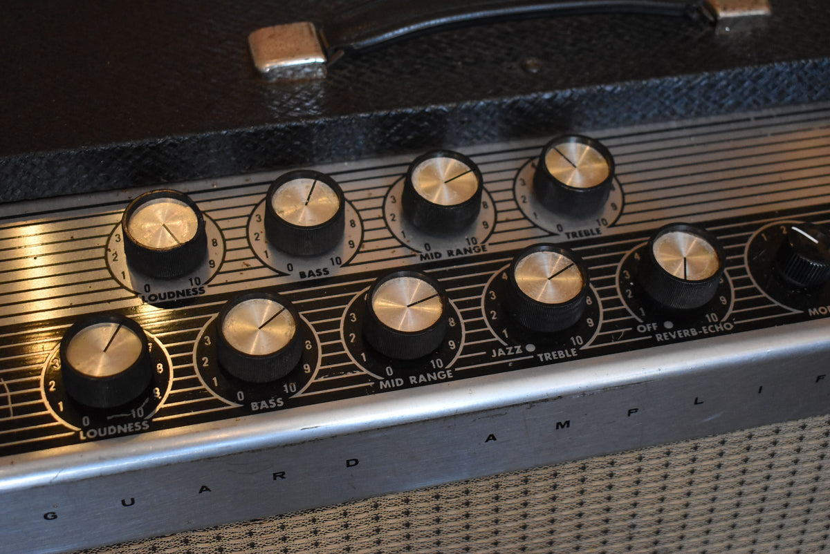 Close-up of the amp's silver control panel with eight black knobs, showing wear and light scratches, above a textured speaker grille.