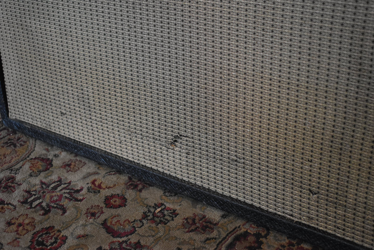 Close-up of the amp's lower right grille cloth, showing a small tear and some discoloration on the light gray fabric with black dots.