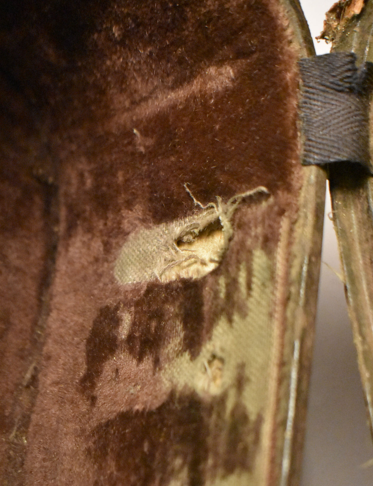 Close-up of the case's dark brown plush interior, showing a large tear exposing the lighter fabric underneath and a black fabric hinge strap.