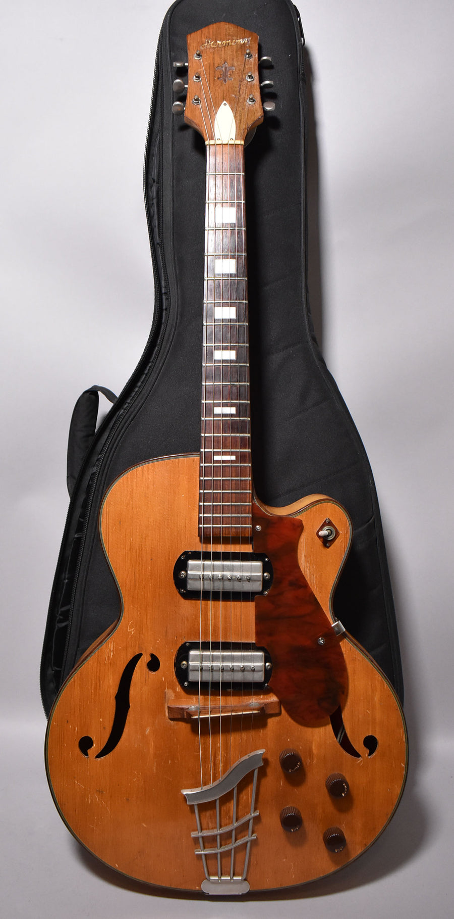Full-length view of a natural finish archtop electric guitar with two chrome pickups, a dark tortoiseshell pickguard, and four brown control knobs.