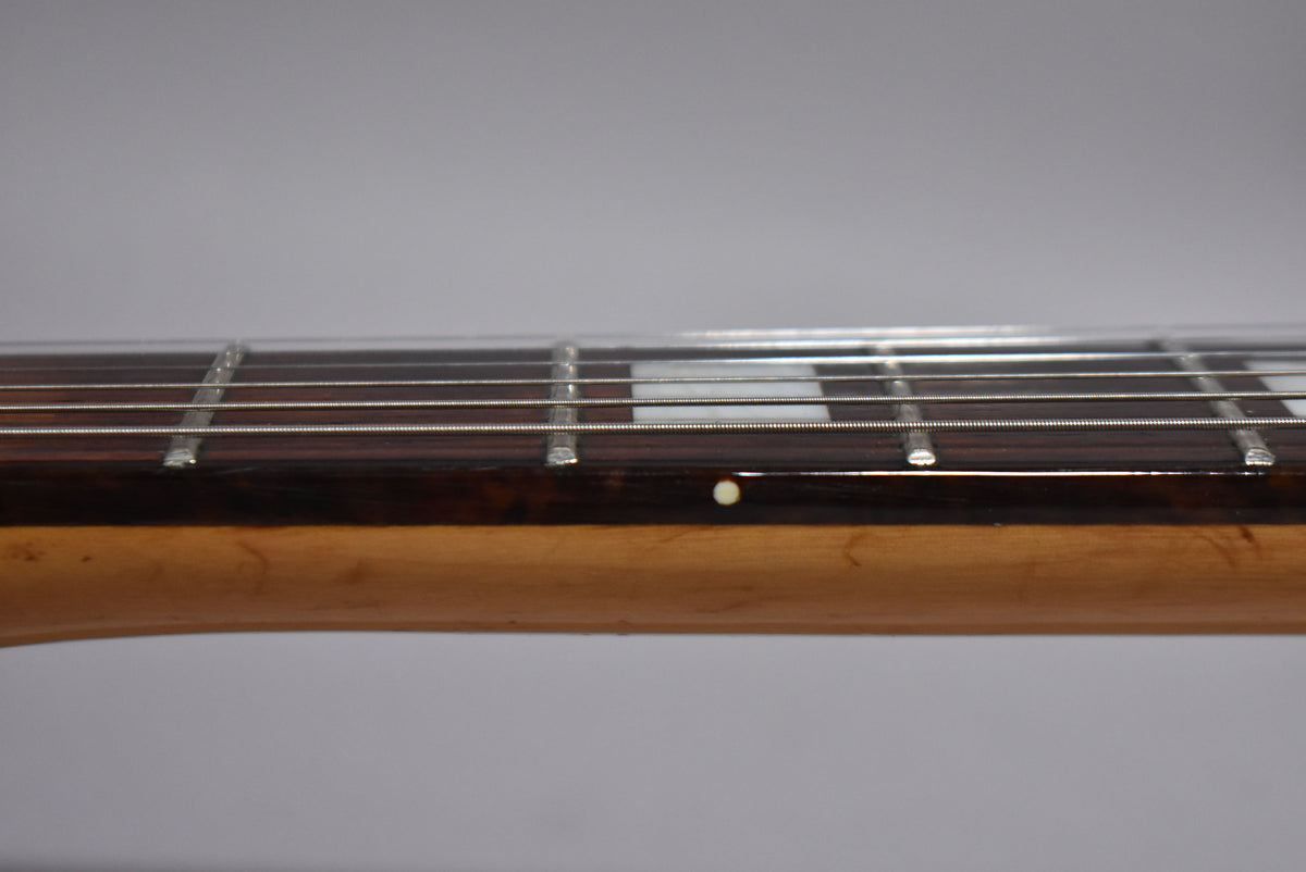 Close-up of the guitar's neck and fretboard, showing the dark wood, rectangular fret markers, and a side dot.