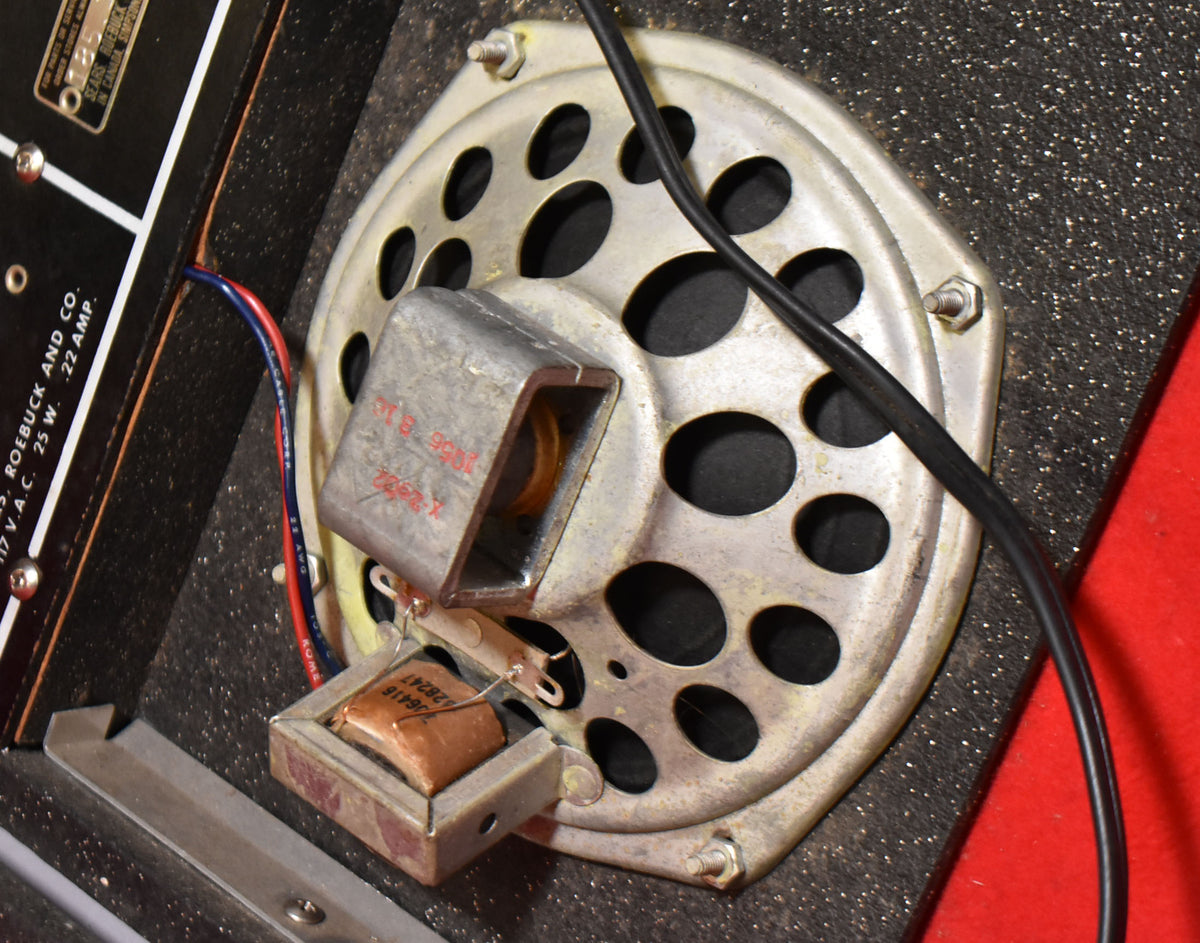 Close-up of the amp's internal speaker, revealing its silver frame, black cone, and exposed copper wiring, with some wear visible.