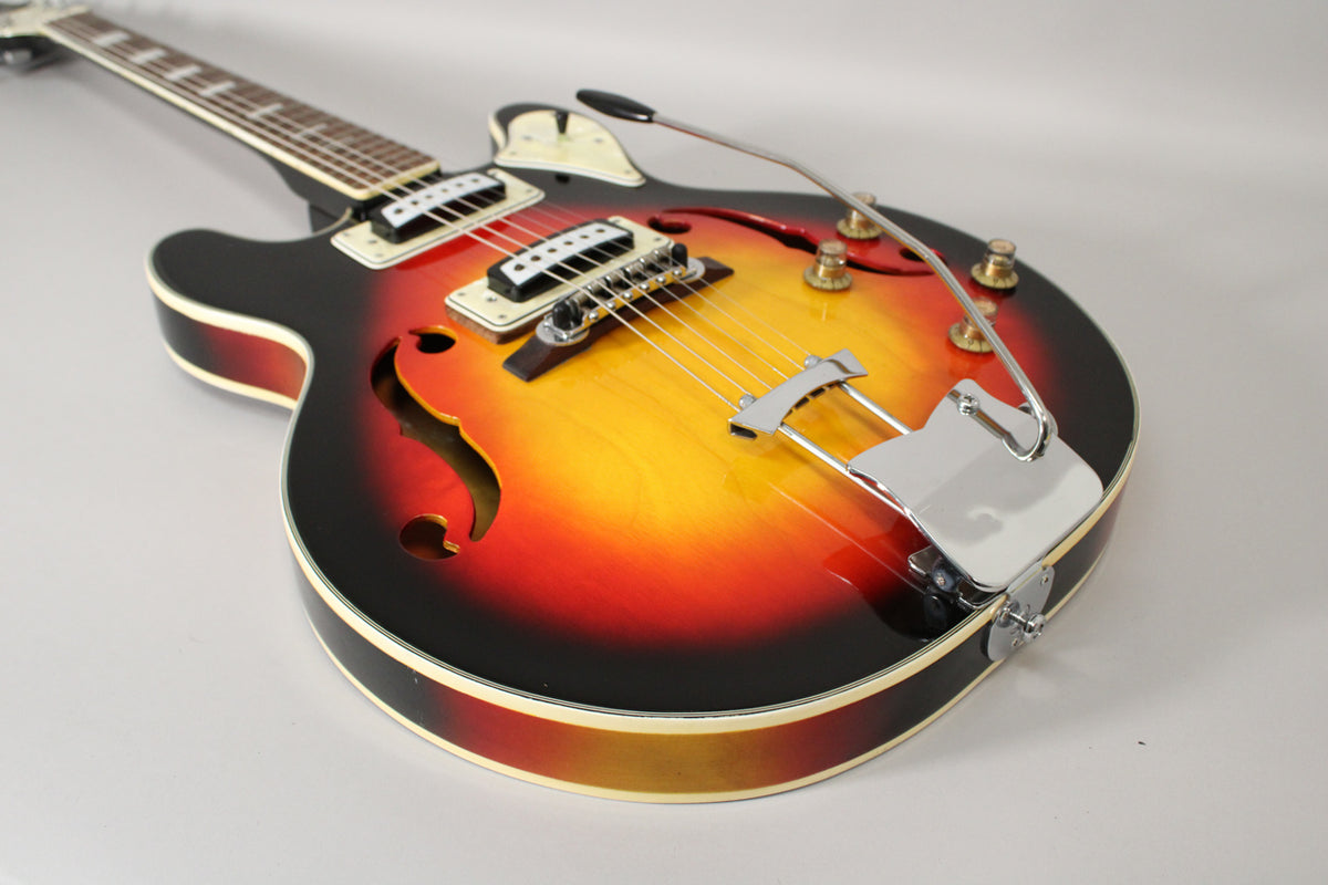 The sunburst hollowbody guitar is angled from the lower bout, showing two pickups, f-holes, a tremolo arm, and some binding wear.
