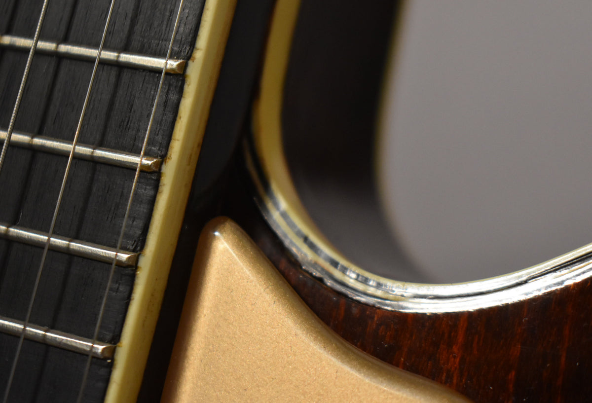Close-up of the dark walnut body, showing the bound f-hole, gold pickguard, and dark fretboard with binding.