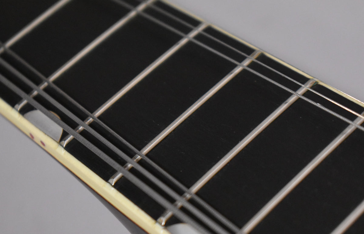 Close-up of the dark fretboard and frets, with a cream binding along the bass side and a small red mark near the first fret.