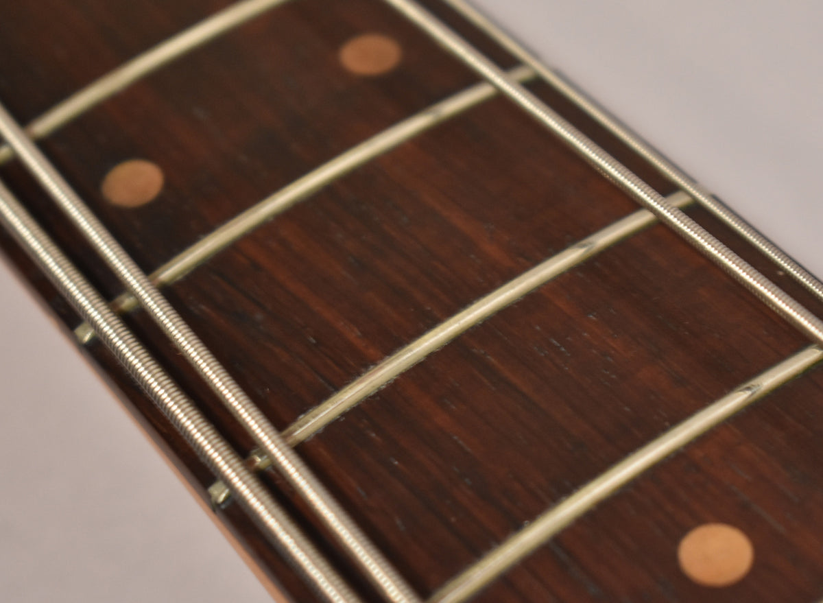 Close-up of the dark rosewood fretboard with light fret markers and round dot inlays, showing four strings.