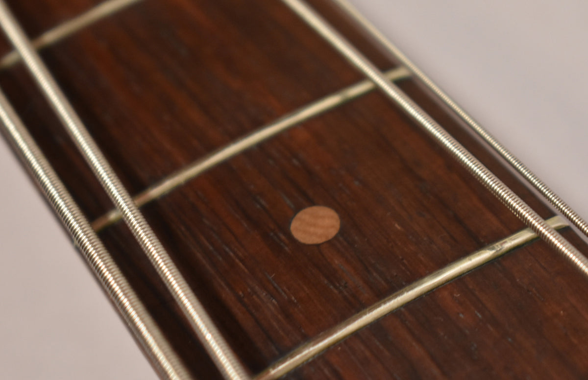 Close-up of the dark rosewood fretboard with a single round light wood inlay and two bass strings running diagonally.