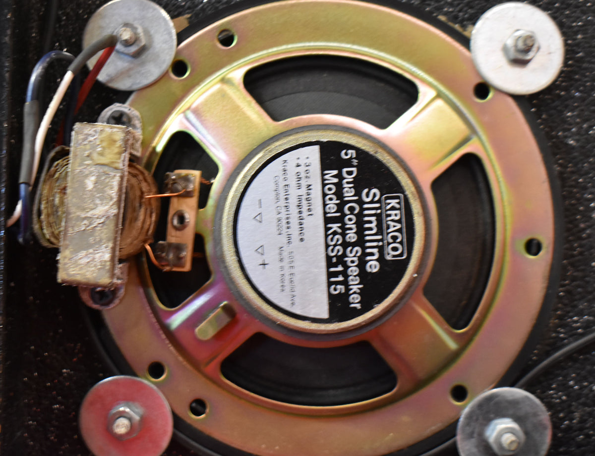 Close-up of the amp's 5-inch speaker, showing its gold-colored frame, black cone, and exposed wiring with some corrosion.