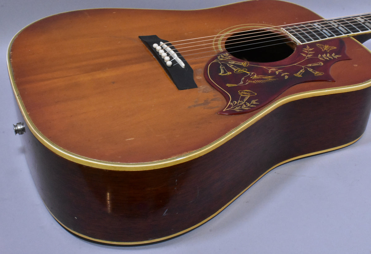 The sunburst acoustic guitar's body is angled, showing the dark red pickguard with gold hummingbird art and visible wear on the top.