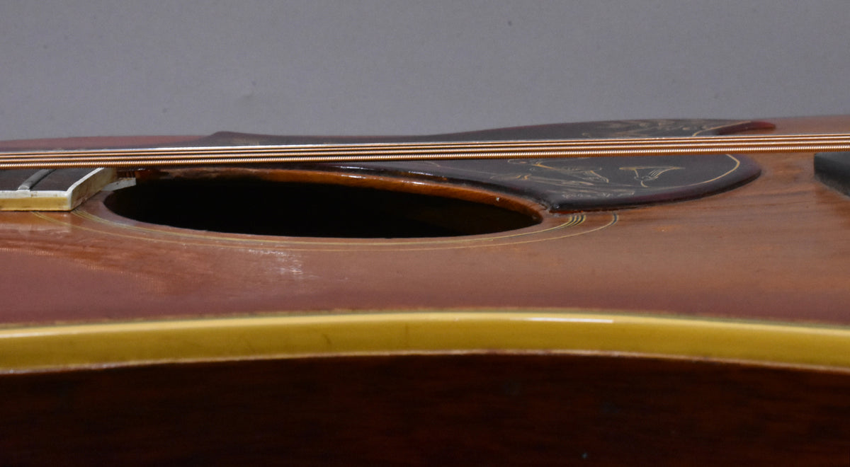 Close-up of the sunburst body and soundhole, showing the dark pickguard with engraved hummingbirds and light wear on the finish.