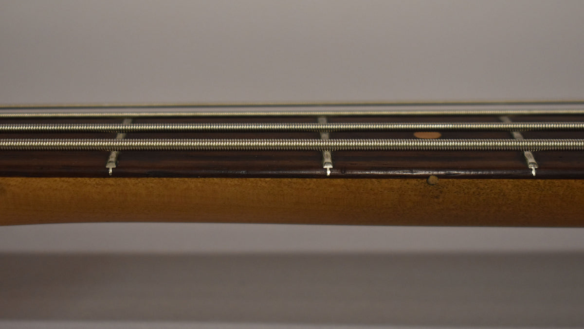 Close-up of the bass neck and fretboard, showing the dark wood, frets, strings, and a small ding on the lower edge.
