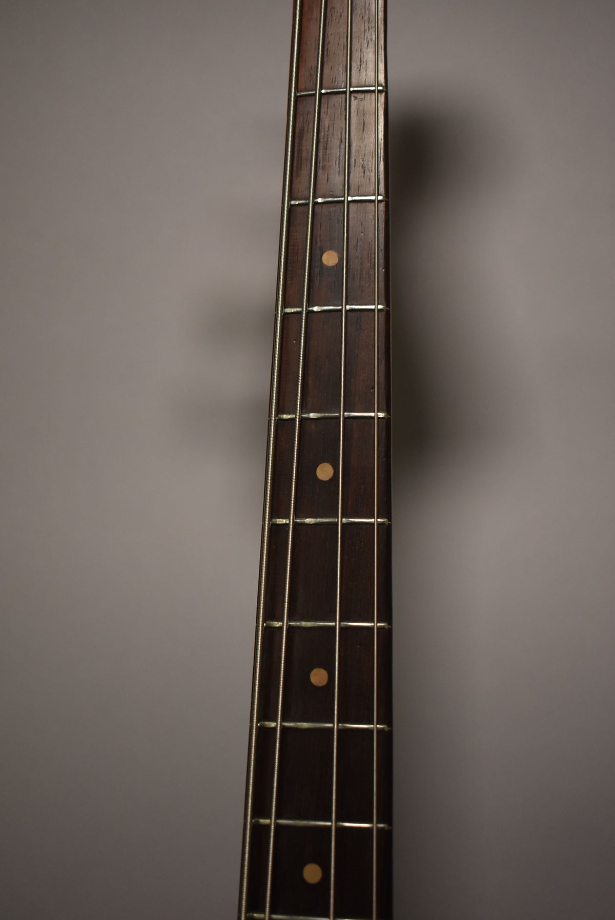 Close-up of a dark wood fretboard with four strings and round, light-colored fret markers.
