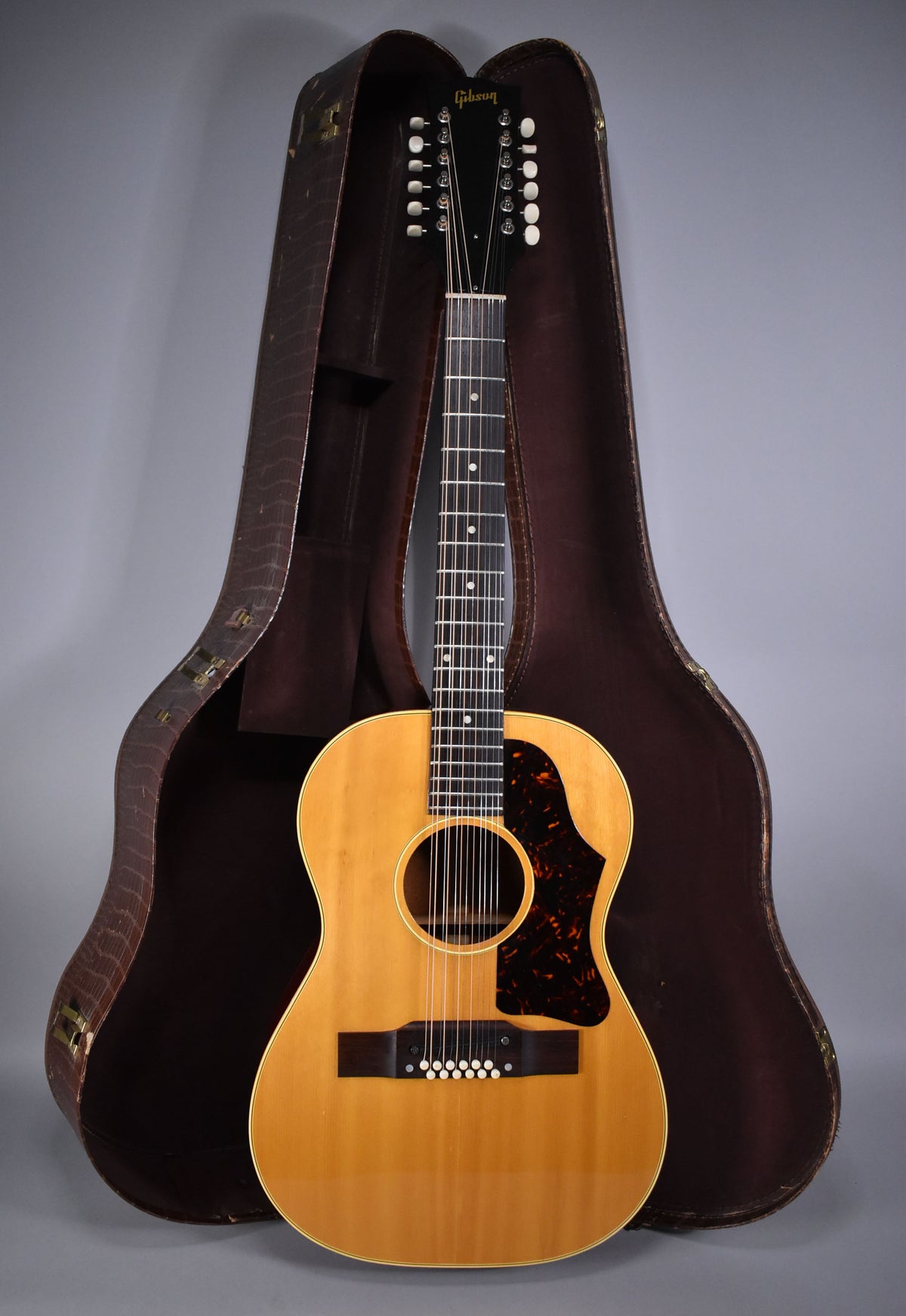 Full-front view of a natural finish 12-string acoustic guitar with a tortoiseshell pickguard, standing in its open brown hard case.