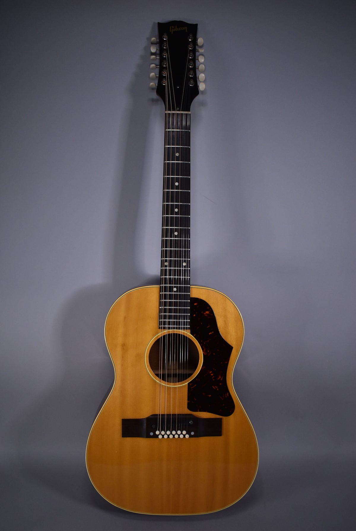 Full front view of a natural finish 12-string acoustic guitar with a dark tortoise pickguard and white tuning pegs.