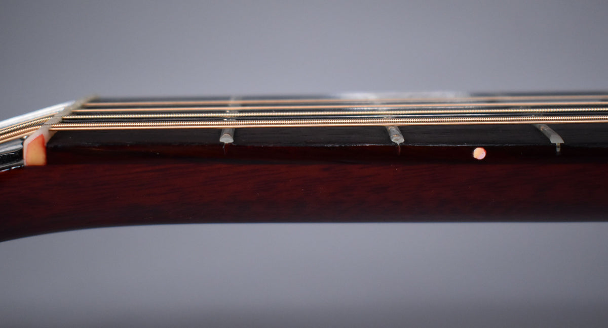 Close-up of the guitar's dark brown fretboard and neck from the side, showing the nut, frets, and a single side dot marker.