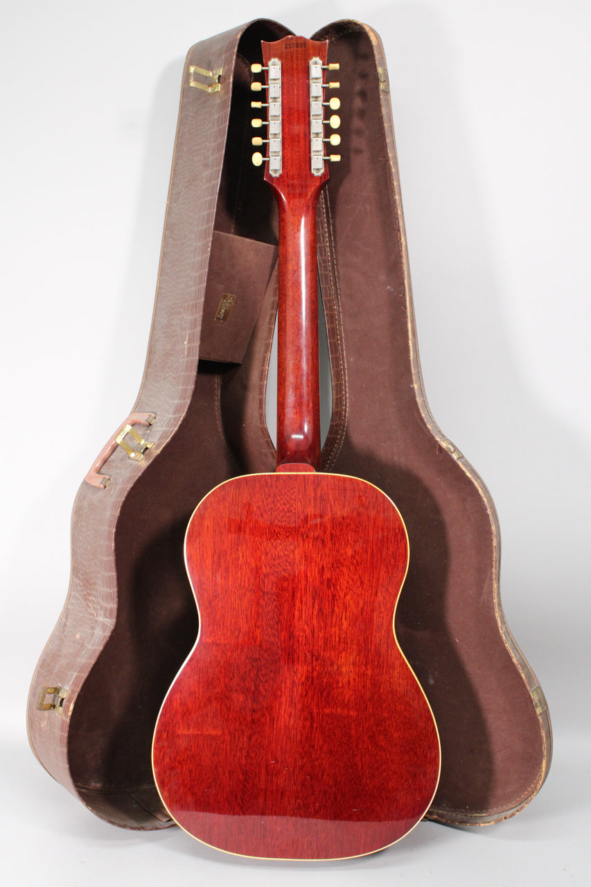 The guitar's dark red back and neck are visible, with a 12-string headstock and a brown alligator-pattern hard case behind it.