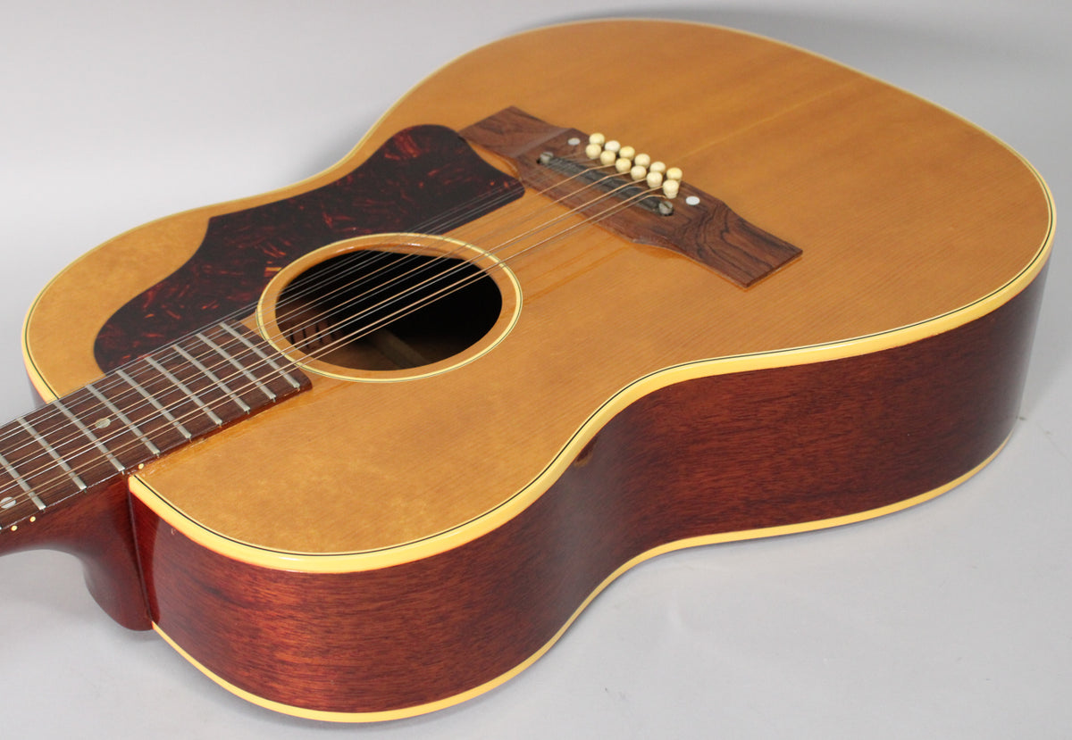 The 12-string acoustic guitar's natural finish top and dark reddish sides are visible, with a tortoiseshell pickguard.