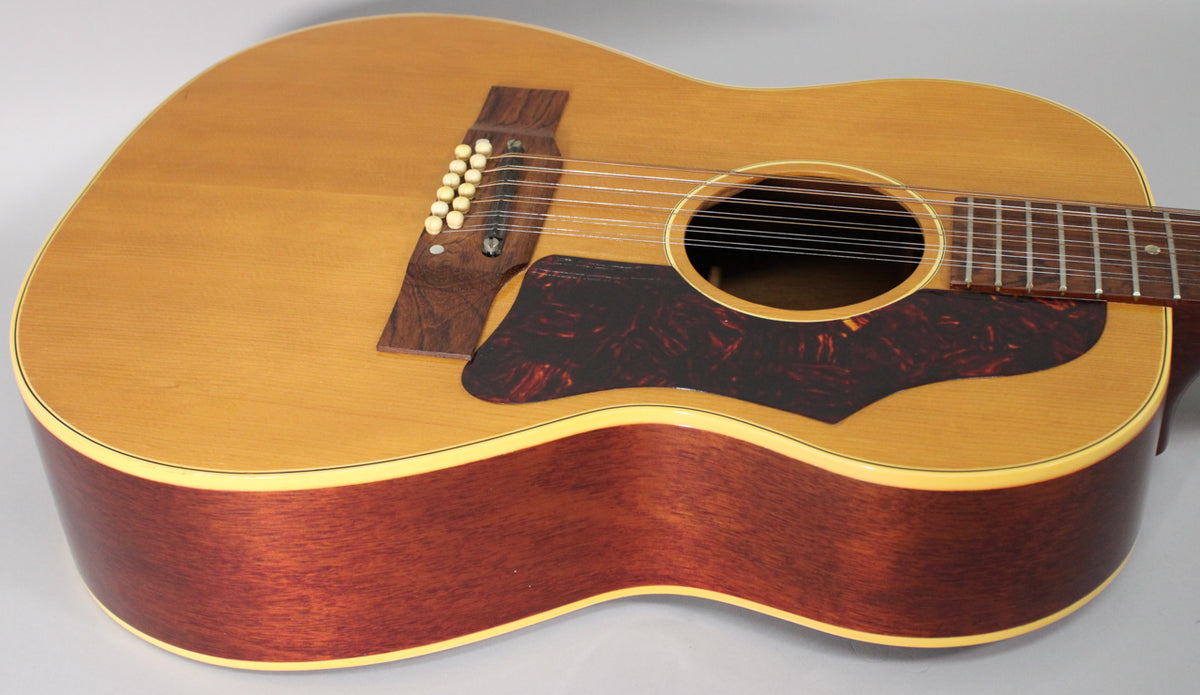 The 12-string acoustic guitar's natural finish top and dark reddish-brown sides are visible, with a tortoiseshell pickguard.