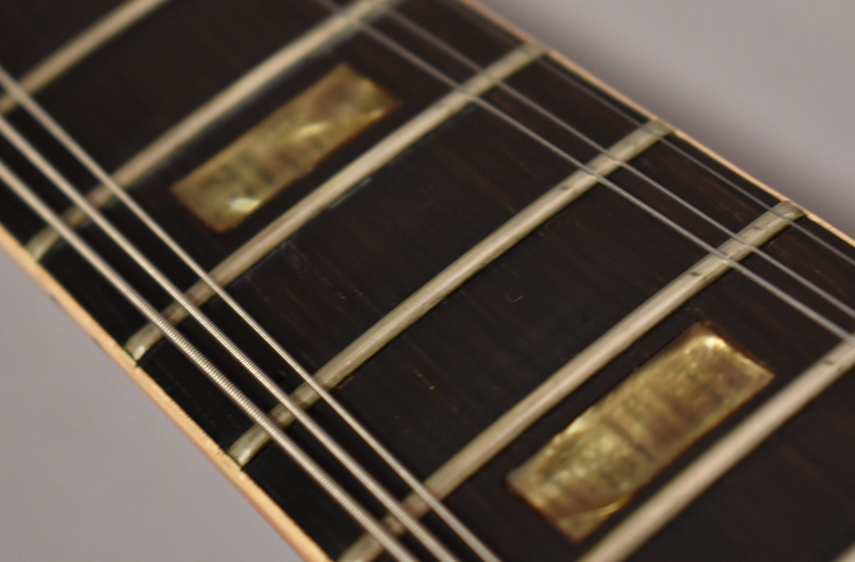 Close-up of the dark fretboard with two rectangular pearloid inlays, showing light wear on the frets and strings.