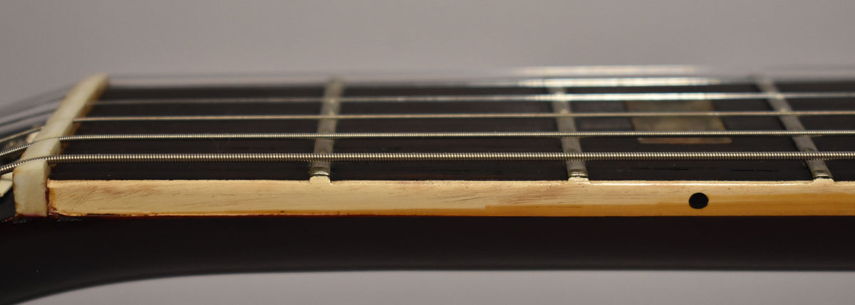 Close-up of the guitar's dark fretboard and light binding, showing fret wires, strings, and a side dot marker.
