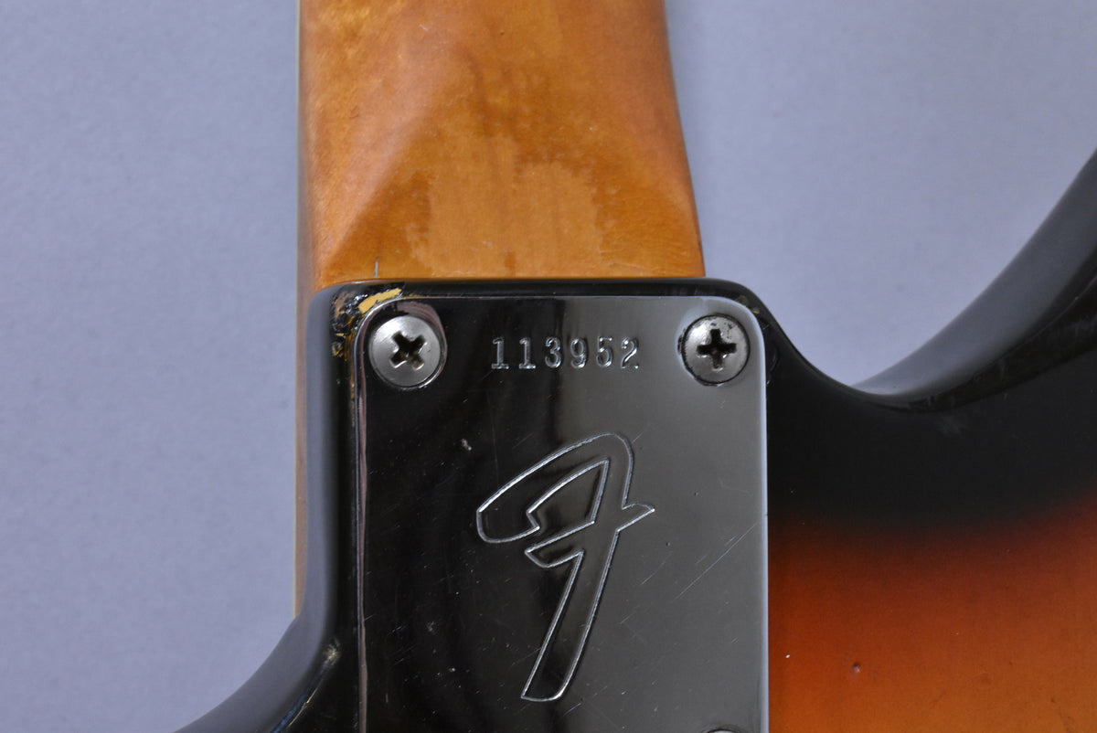 Close-up of the guitar's neck plate, showing serial number 113952, with some finish wear and chips on the body's edge.