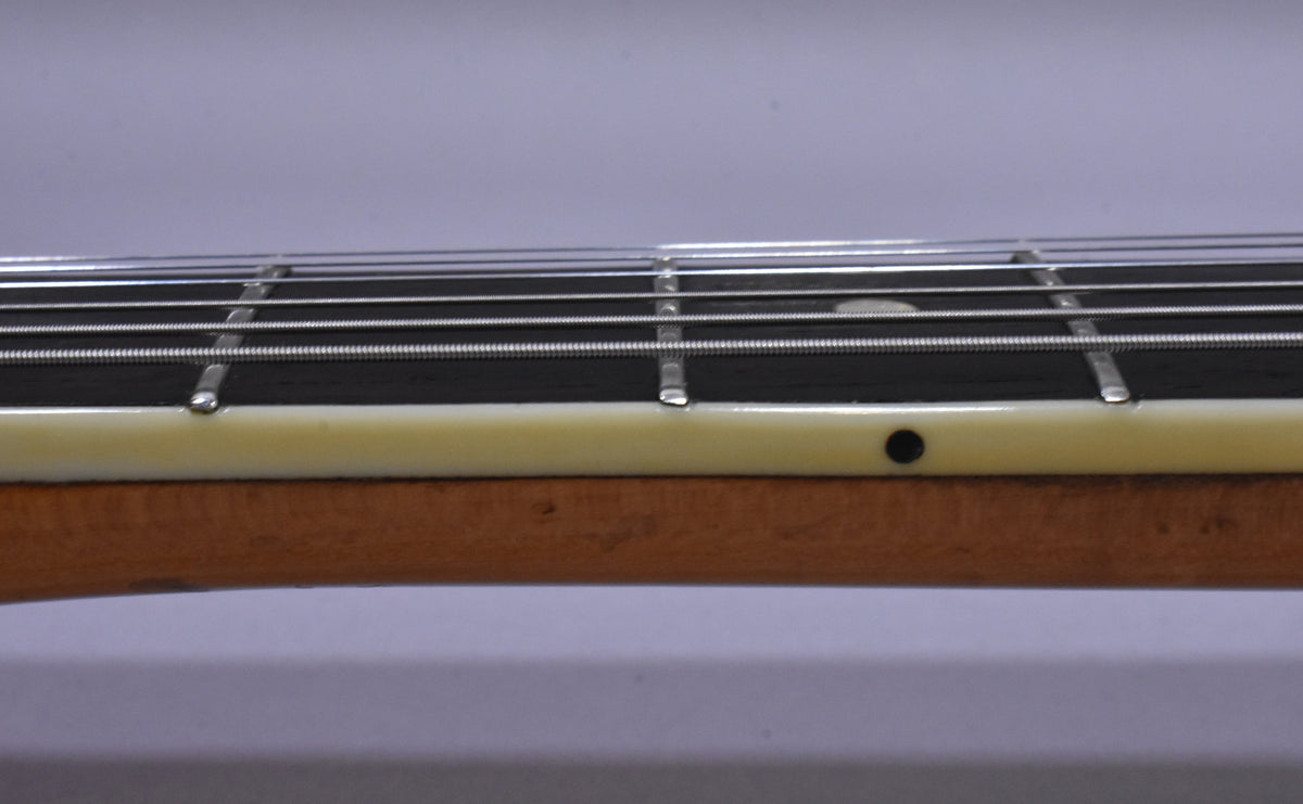 Close-up of the guitar's fretboard, showing dark wood, metal frets, six strings, and a cream binding with a black side dot.