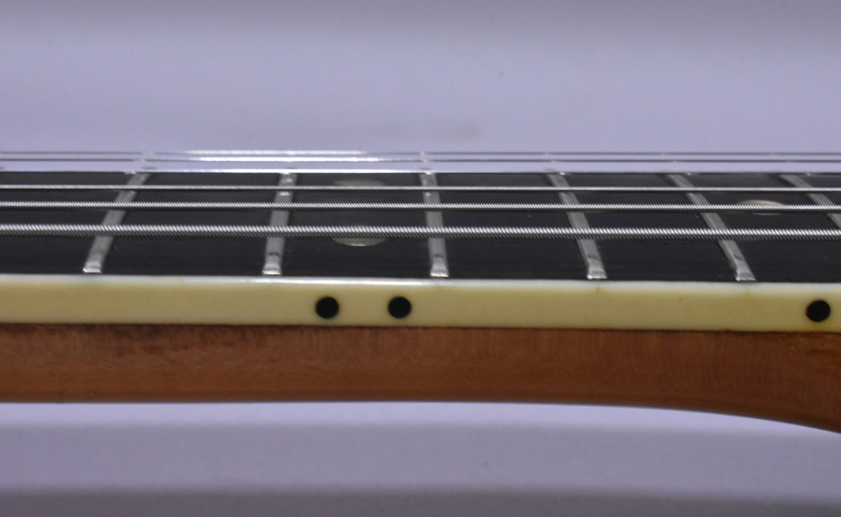 Close-up of the guitar's neck from the side, showing the dark fretboard, light binding with black dot markers, and light wood neck.