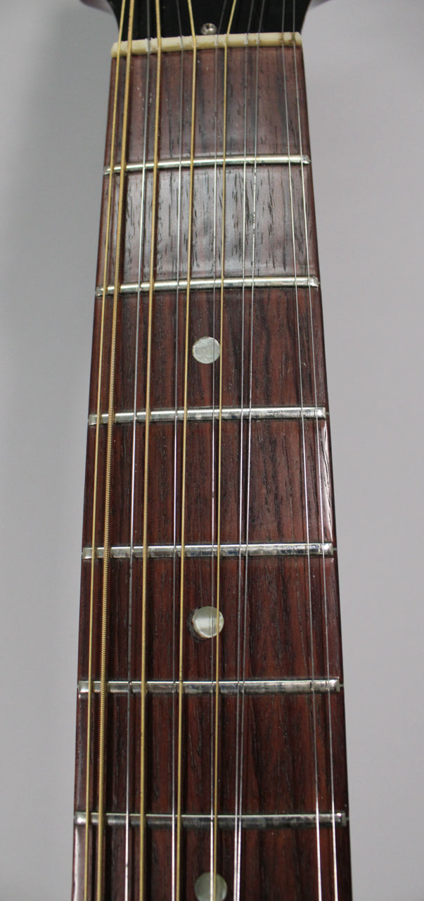 Close-up of the dark rosewood fretboard with 12 strings, showing the nut and first 5 frets with circular pearloid inlays.