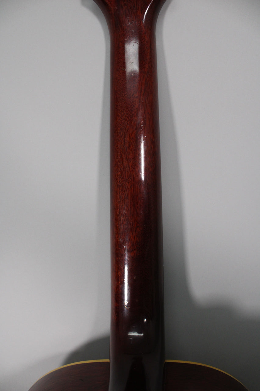 The guitar's dark reddish-brown neck, with a glossy finish and visible wood grain, shows minor wear and reflections.
