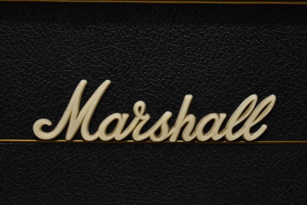 Close-up of the amp's black textured vinyl covering, with a cream-colored script logo and thin gold piping visible.