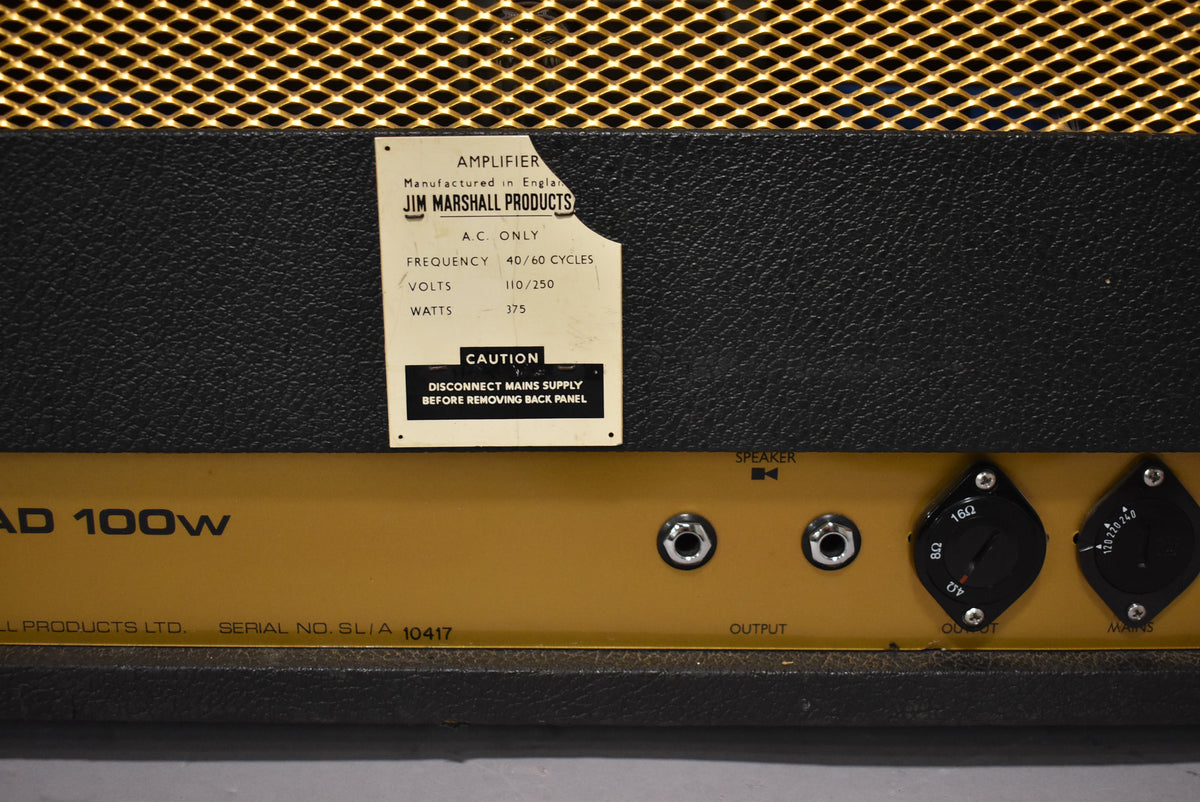 Close-up of the amp's black textured back panel with a gold metal strip, showing two output jacks and two black rotary switches.