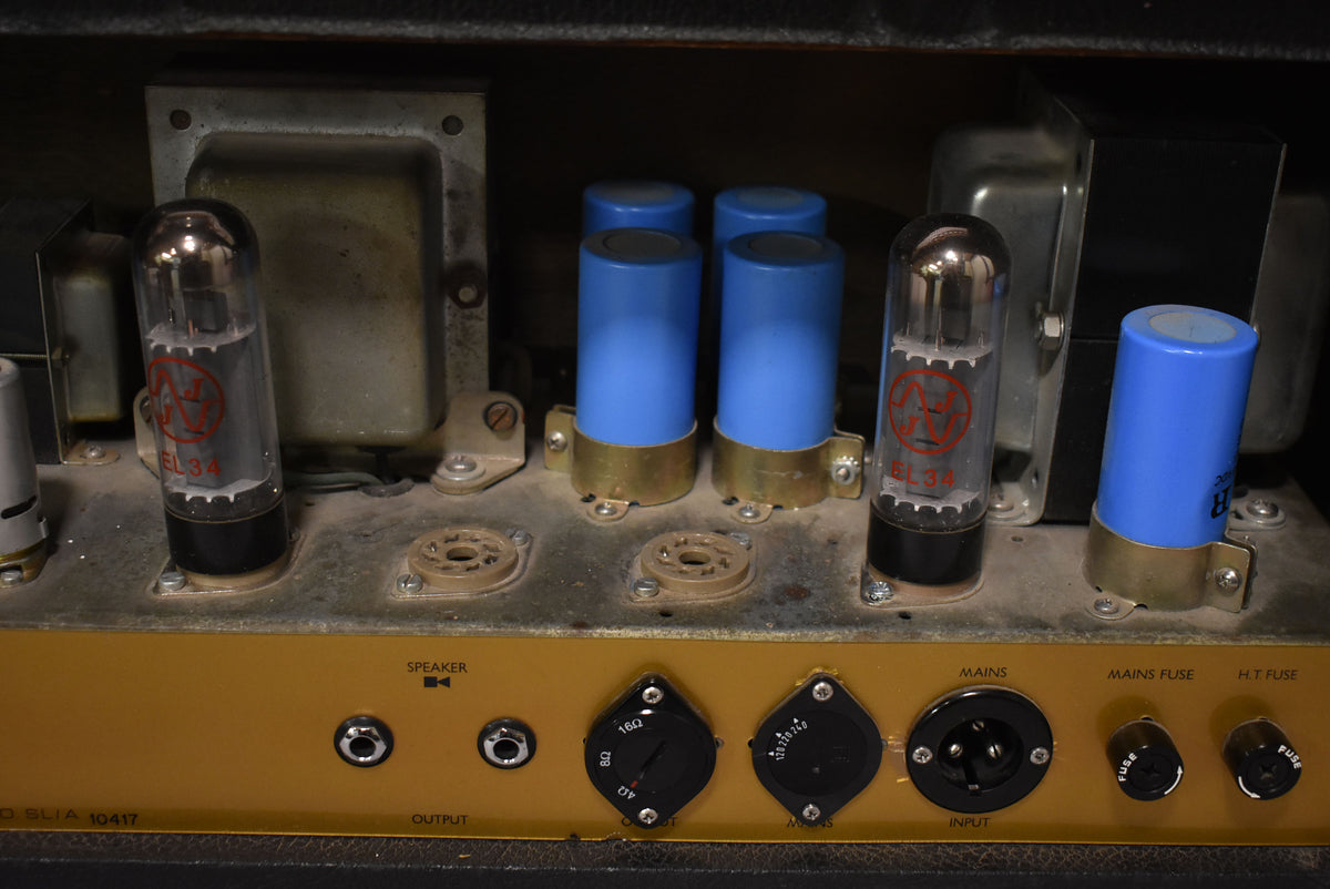 Rear view of the amp's gold-finished control panel, showing two clear vacuum tubes, four blue capacitors, and various inputs and fuses.